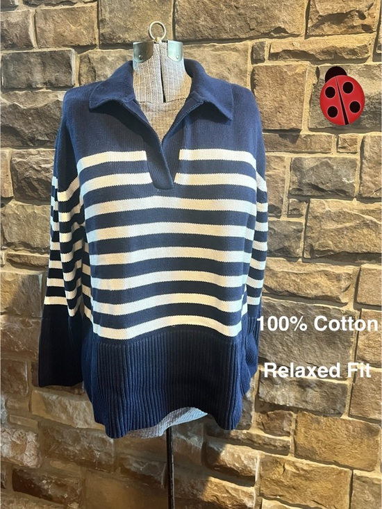 GAP Sweaters - Gap Relaxed Navy & White Striped Cotton Sweater M